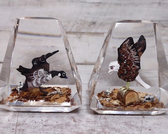 2 Vintage MCM Lucite Hand Carved Wood Paperweights Goose Eagle Unique Canada