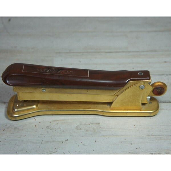 Vintage Aceliner Stapler Model 502 GOLDTONE Brass-like Finish BRN Bakelite RARE