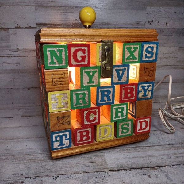 Vintage Wooden Alphabet Block Latch Box Children's Bedroom Lamp