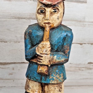 Vintage Hand Carved Painted Wooden Soldier Playing Flute Figurine Primitive 8.5&quot;