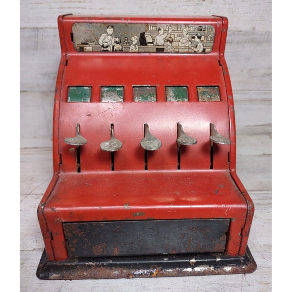 Vintage Durable Toy & Novelty Metal Cash Register Store Toy Red *WORKING*