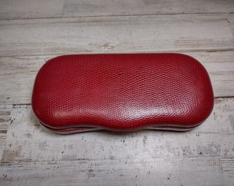 Vintage Faux Snakeskin Leather Red Hard Sunglasses Glasses Case Clamshell
