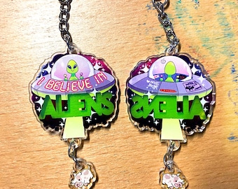 I Believe in Aliens keychain + STICKER | double-sided paranormal space ghost hunting spooky cryptid cute