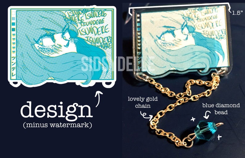May include: A blue and white anime-style illustration of a girl with long hair, printed on a 1.5 inch acrylic pin with a gold chain and a blue diamond bead. The pin is labeled "TSUNDERE" in yellow text.