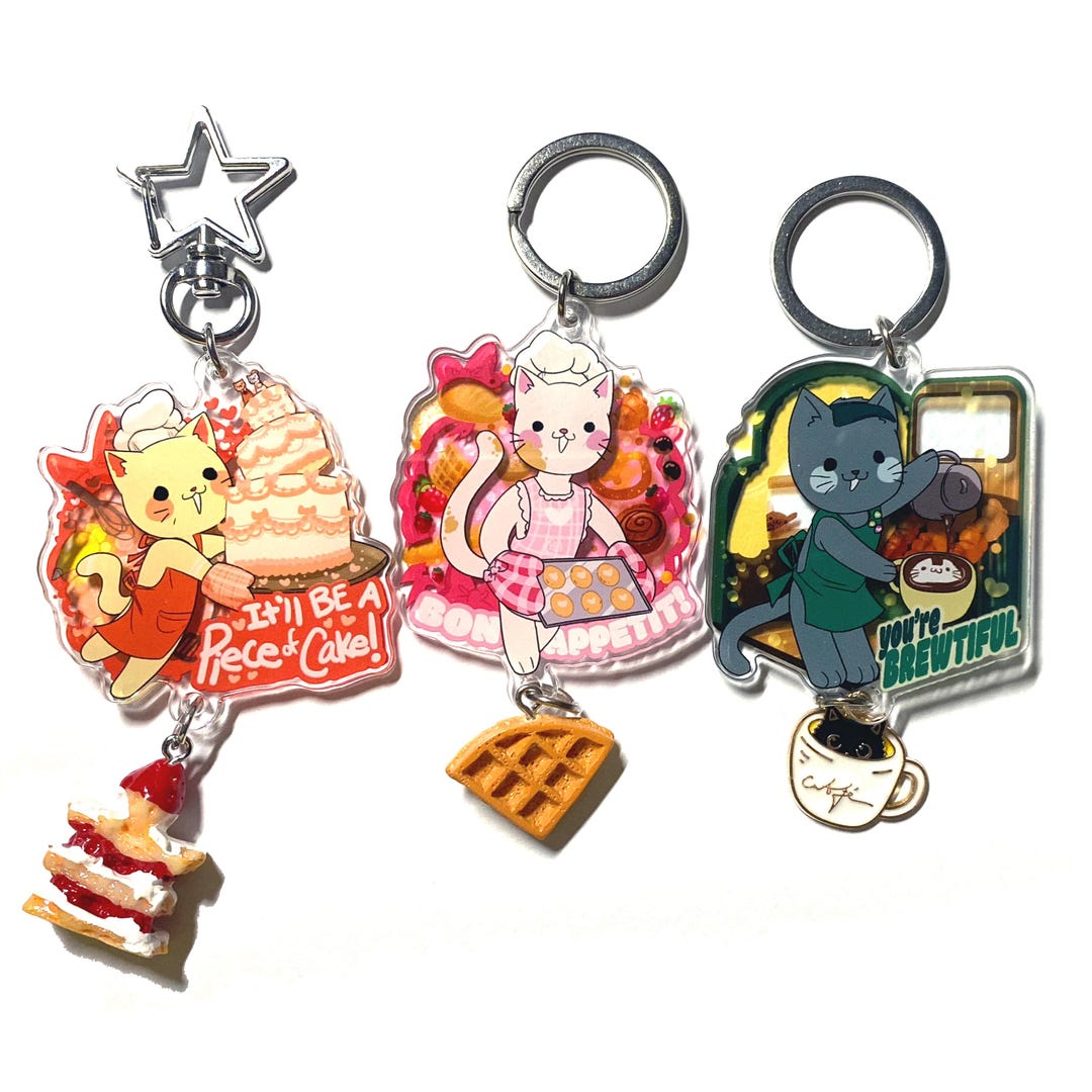 Baker Kitty Keychains + Sticker - Cakes Coffee Bread Kawaii Anime Chibi ...