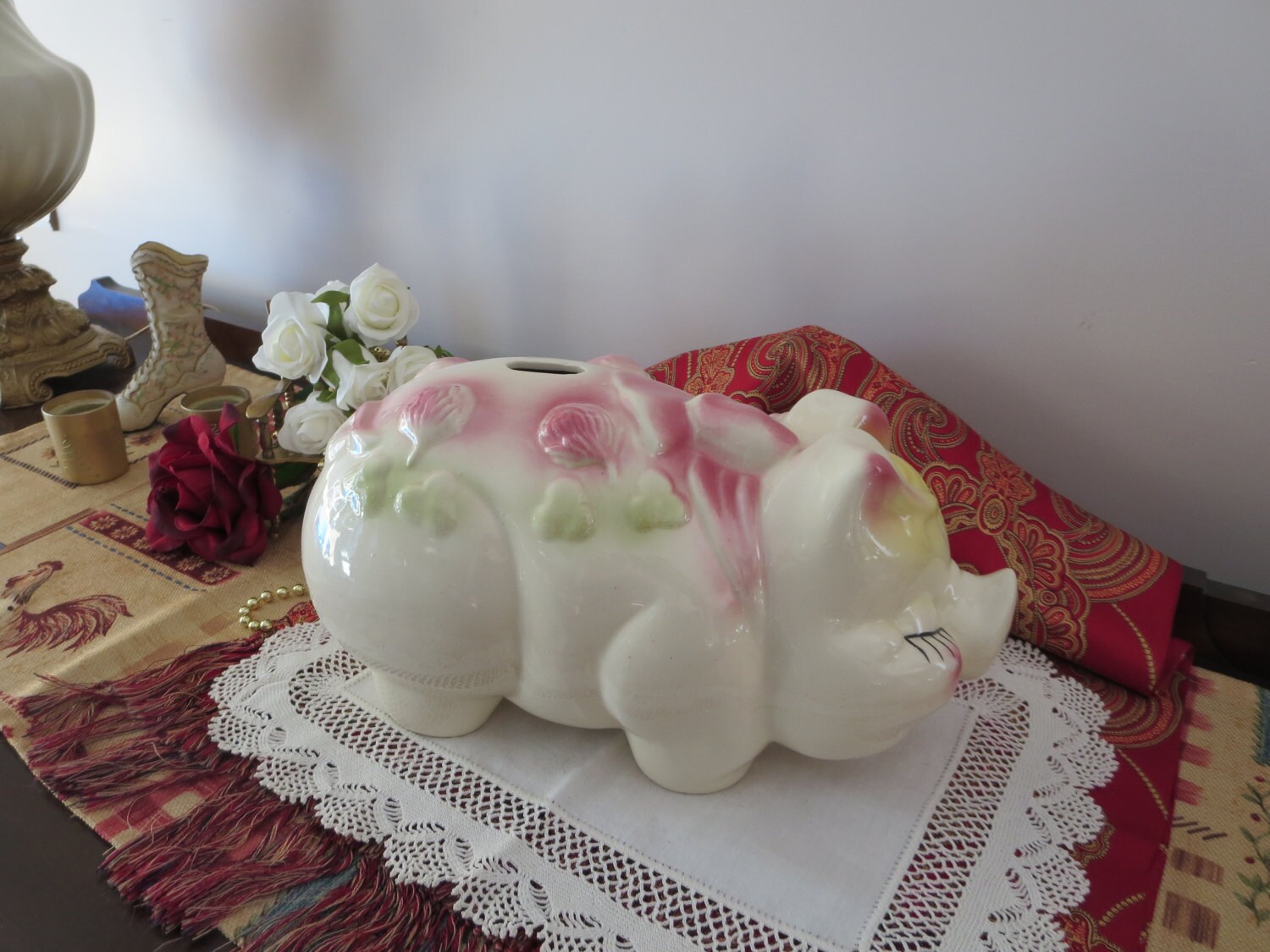 Large Ceramic Piggy Bank Vintage Design Pink Flowers Etsy Canada