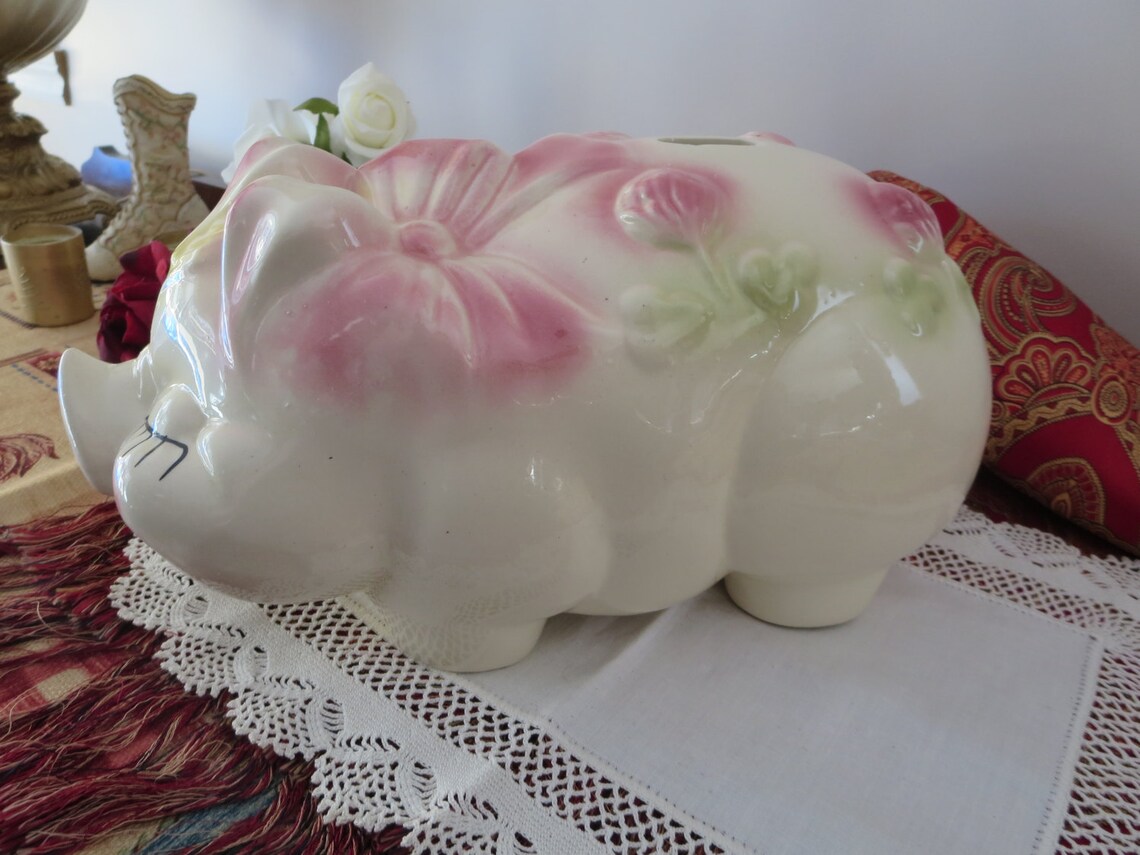 Large Ceramic Piggy Bank Vintage Design Pink Flowers Etsy Canada