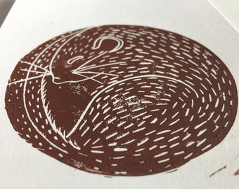 Lino print, original hand printed Lino, mouse print, dormouse print