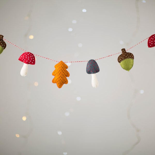 Guirnalda de setas, guirnalda de fieltro para punto de cruz, guirnalda de bosque, guirnalda, decoración infantil, otoño, decoración de otoño, otoño, banderines,