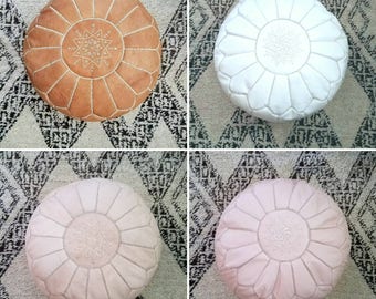 Moroccan round leather pouf w/ embroidery