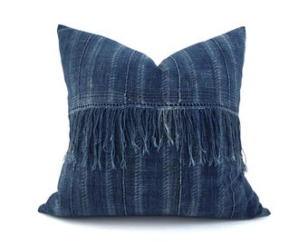 20" fringe indigo mudcloth pillow cover