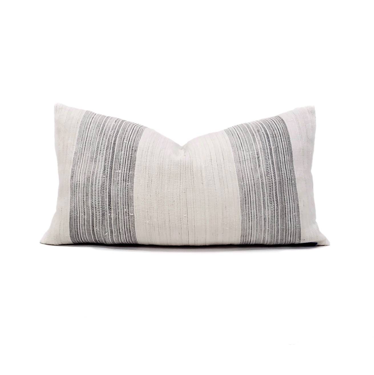 13×24 white/grey stripe Hmong hemp linen pillow cover