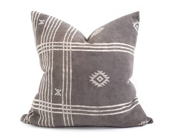 20" charcoal gray washed linen stripe/embroidered pillow cover