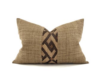 14"×20" African embroidered center + camel hemp pillow cover