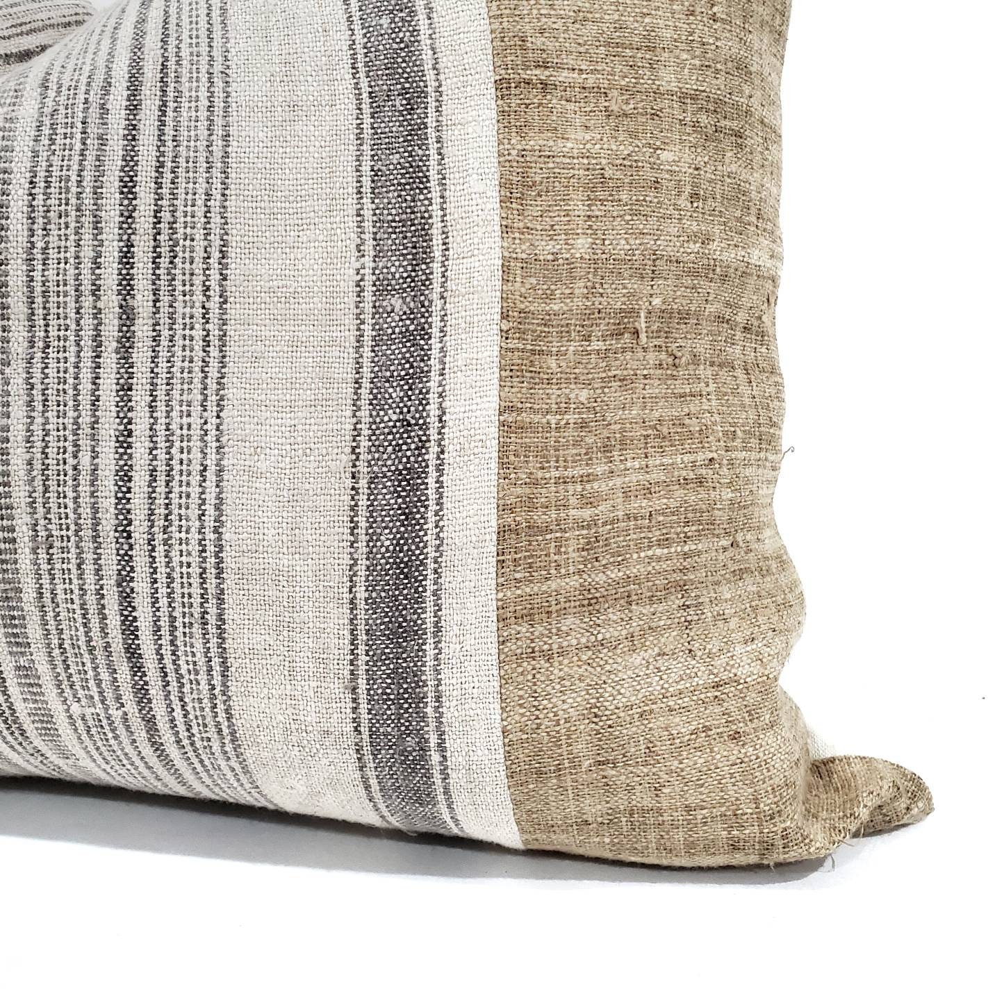 17×22 camel hemp linen Hmong grey stripe pillow cover