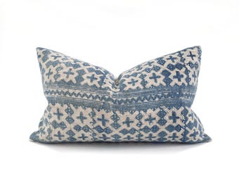 Various sizes blue batik hmong hemp pillow cover