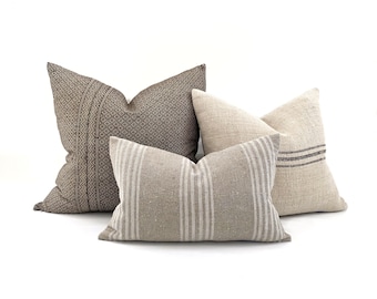 Pillow combo- brown/grainsack/flax stripe combo of 3 pillows