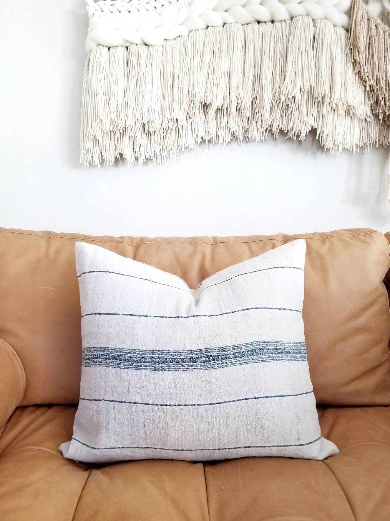 16×20 indigo stripe hemp linen hmong pillow cover