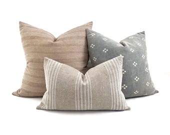 Pillow combo- taupe/blue/flax pillow combo of 3 pillows