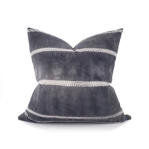 Hmong stripe pillow, 22&quot; dark charcoal bone print hmong batik hemp linen pillow, linen stripe pillow