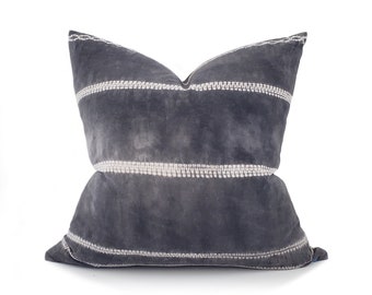 22" dark charcoal bone print hmong batik hemp linen pillow