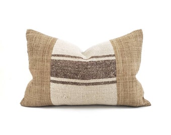 Grainsack pillow cover, 13.5"×20" brown stripe grainsack+ camel hemp linen pillow cover, farmhouse pillow, hemp linen pillow