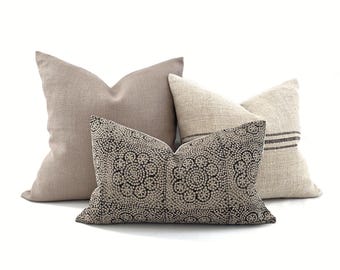 Pillow combo- mushroom/grainsack/black batik combo of 3 pillows