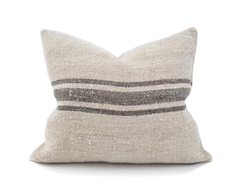 17"×20" charcoal stripe vintage grainsack pillow cover