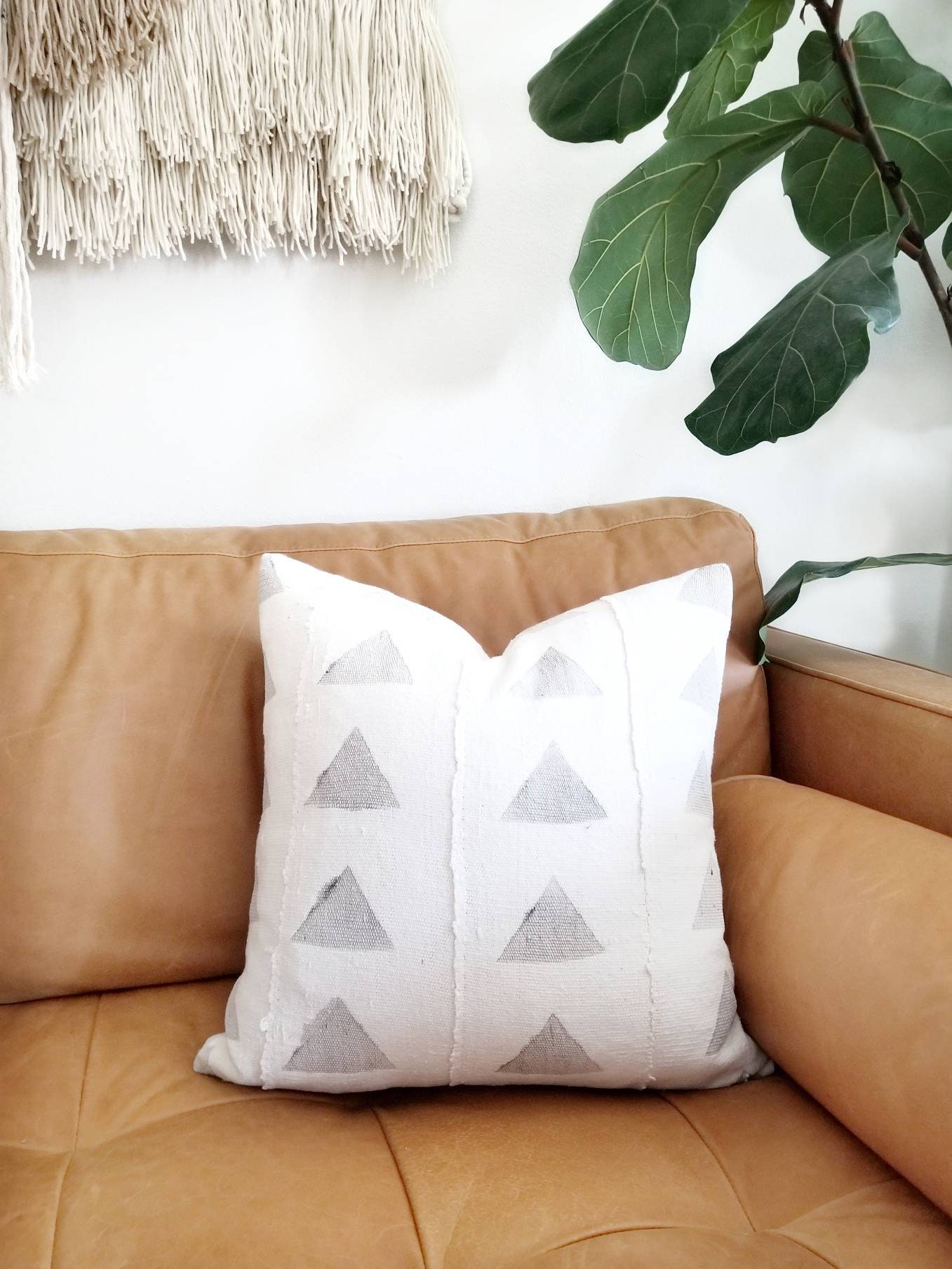 Cream w/ gray triangle print mudcloth pillow cover in various sizes