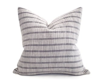 18" muted blue grey stripe cotton Asian textile pillow cover