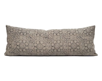 13"×35" black flower batik on flax block printed linen bed pillow