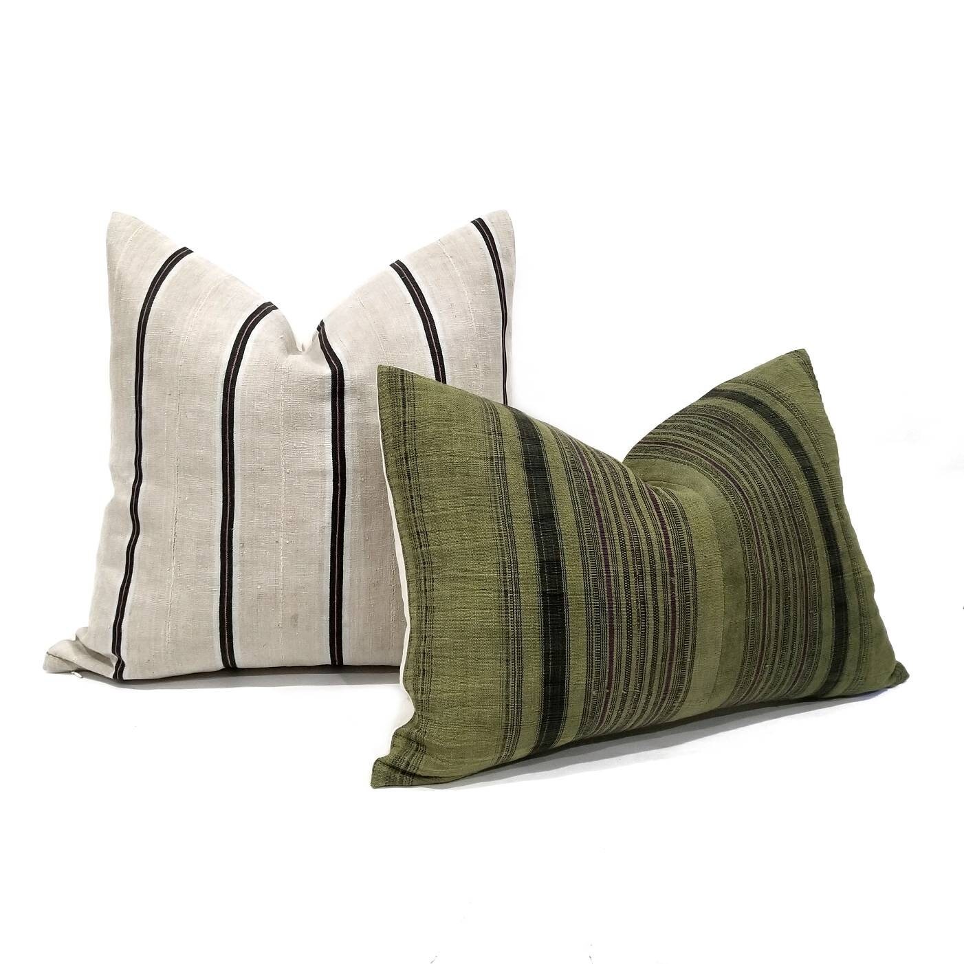 14×20.5 olive green black stripe hmong hemp linen pillow cover