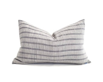 13"×20" muted blue grey stripe cotton Asian textile pillow cover