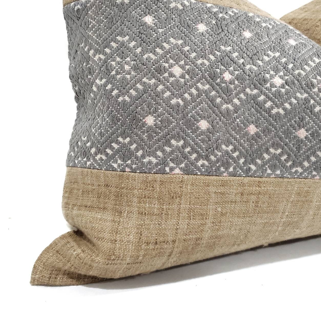 14×20 grey Chinese wedding blanket center camel hemp linen hmong pillow