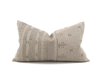 12"×20" flax w black hand block printed linen pillow cover