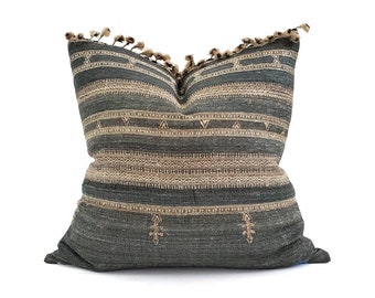19" tassels on top muted green Indian silk embroidered pillow cover