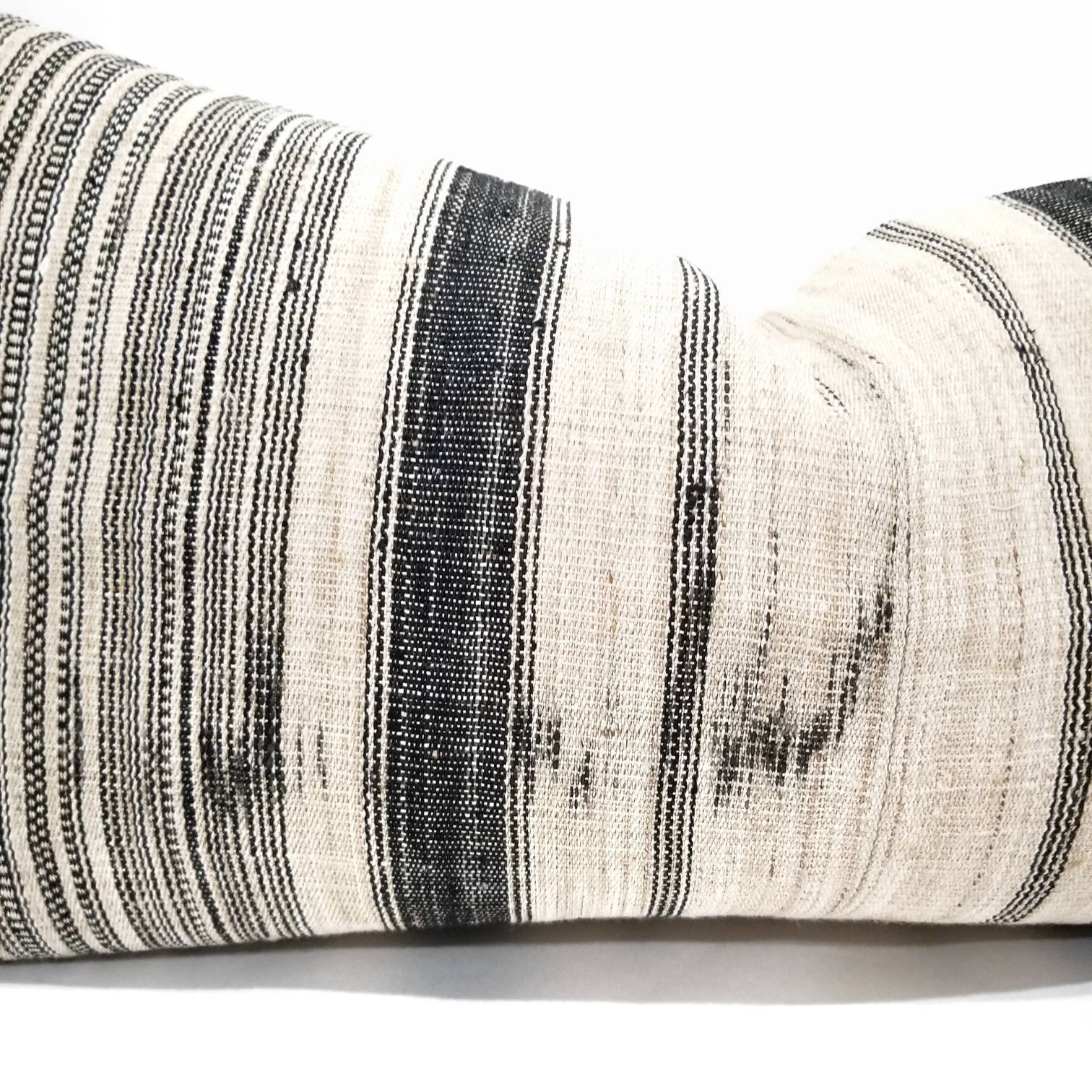 13×26 flax & muted indigo/black stripe hmong hemp linen pillow cover