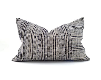 14"×22" indigo hemp linen plaid pillow cover