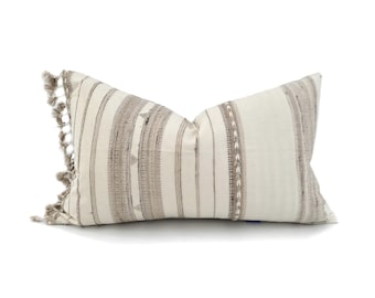 12"×20" tassels on side cream/ beige melange Indian silk embroidered pillow cover