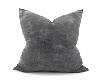 22" vintage charcoal grey mudcloth pillow cover