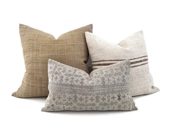 Pillow combo- camel/grainsack/grey batik pillow combo of 3 pillows