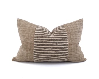13"×20" brown stripe vintage mudcloth+ camel hemp pillow cover