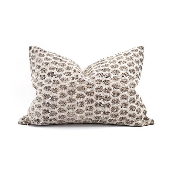 Designer pillow, lumbar sizes white small flower batik block printed linen pillow