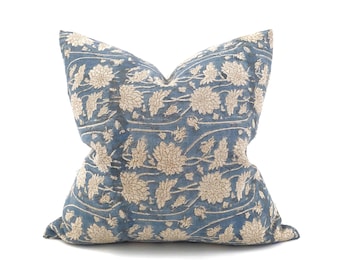 18"-24" teal flower batik block printed linen pillow cover