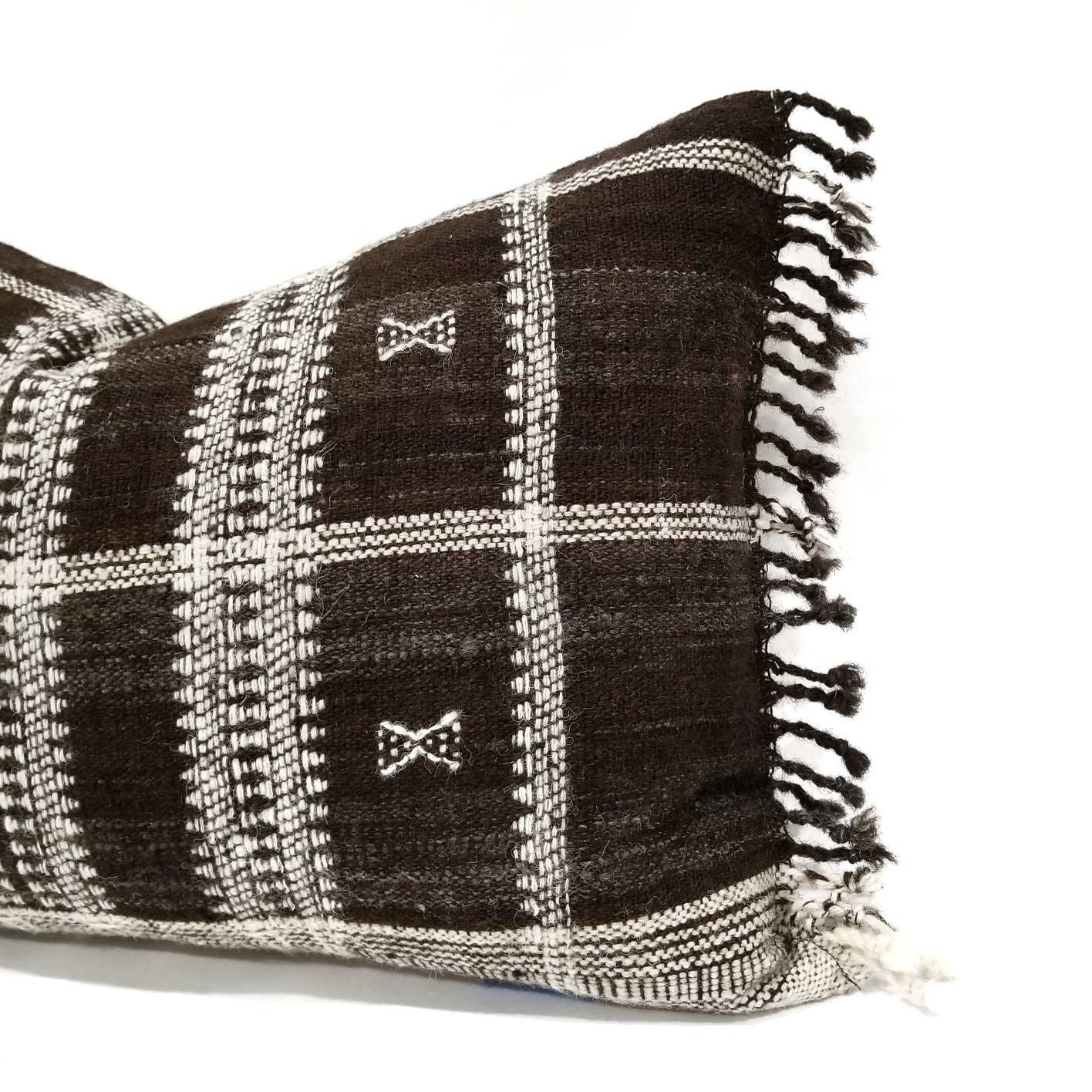 14×20 dark brown indian wool pillow cover with fringe