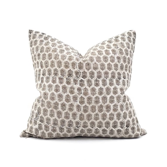 Designer pillow, 18"- 24" white small flower batik block printed linen pillow