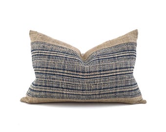 13"×20" indigo hemp linen plaid+ sand hemp linen pillow cover