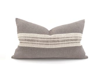 Linen stripe pillow, 13"×22" cream/brown stripe+ mushroom belgian linen pillow cover