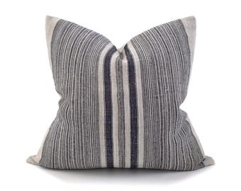 22" navy stripe hmong hemp linen pillow cover