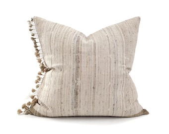 23" blush beige tassels on side Indian silk embroidered pillow cover